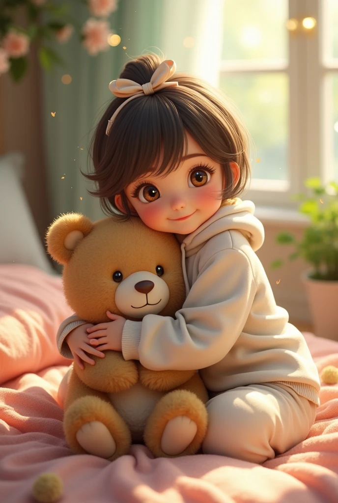 with long dark brown hair wearing Stitch pajamas from the movie Lilo and Stitch holding a teddy bear