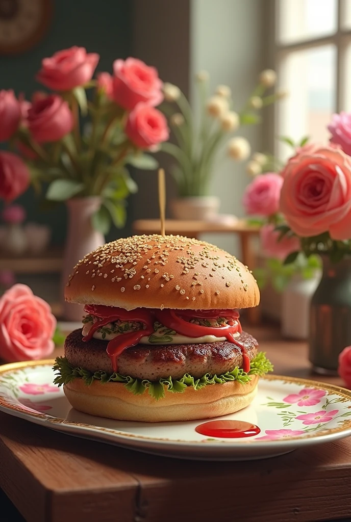 Realistic hamburger with French details and lots of flowers drawn on the bread, also make the rose sauce, my flower shop