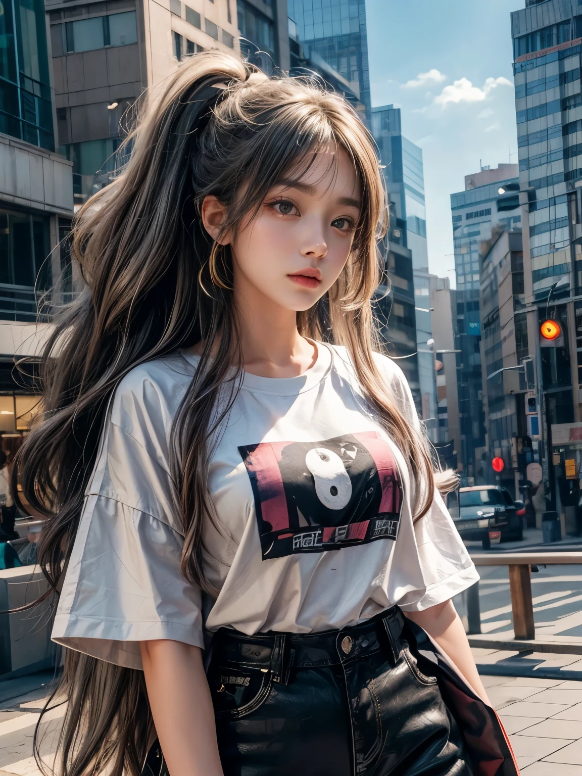 1 girl, anime,Illegal Sport, Japanese and Korean women, cowboy shoot, Aegyol will,bad boy, ((dark eyes)) A fluffy ponytail, ,Korean girl webtoon, Big eyes, Ombre Lipstick, Cute face, oval face gold hair, Curly hair, straight hair, messy hair, unkempt, t-shirt, Thick hair,Korean girl webtoon, Big eyes, Ombre Lipstick, Cute face, oval face,gray hair, Long curly hair, straight hair, messy hair, Thick hair, Background of tall buildings in the city center,Soft light,white balance