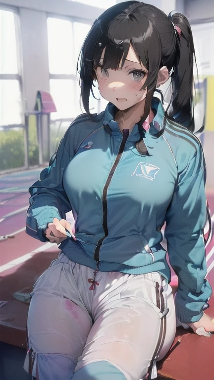 ((1 girl)), ((twin tails)), (sexy),  ((simple_background)), ((concrete floor, concrete wall)), ((underground room)), ((arms behind back)), ((scowl)), ((sitting on the knees)), ((tape gag)),  ((helpless)), ((calm)), ((struggling)), (blue tracksuit,tracksuit,tights pants, long black pants)