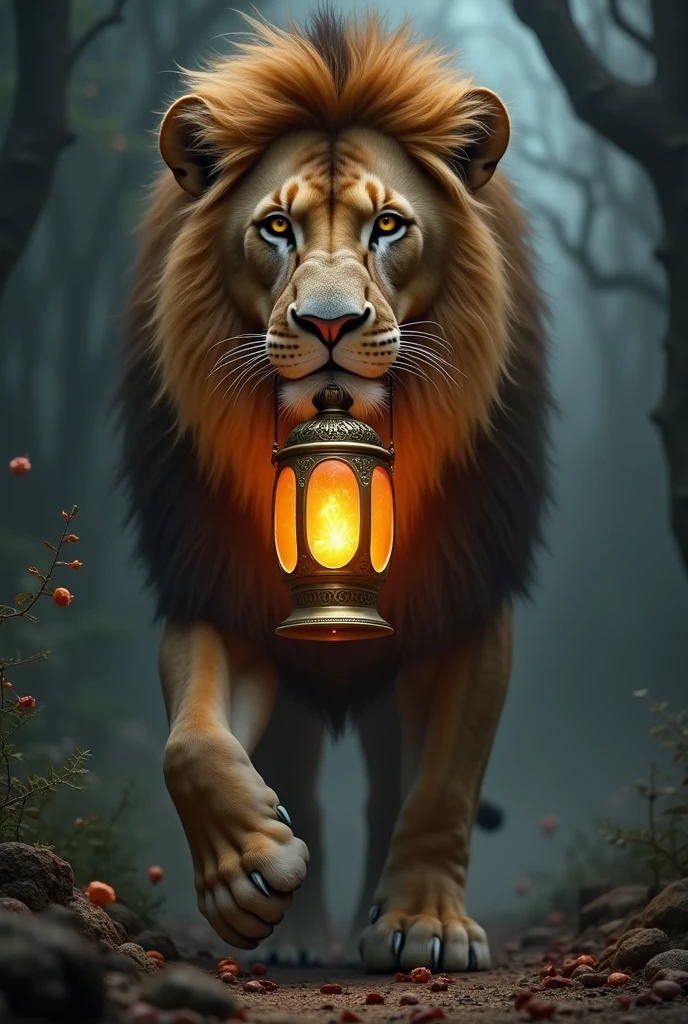 Lion holding lamp on its mouth