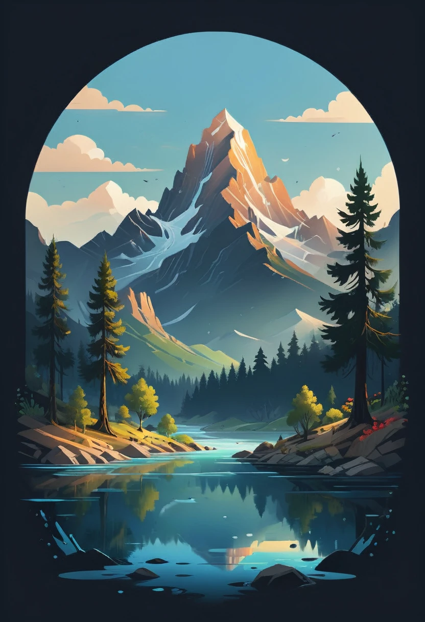 impressive painting of a mountain with trees and water, a detailed painting by Petros Afshar, shutterstock contest winner, environmental art, detailed painting, outlined art, 2d game art, isolated background for logo, strong contours, logo design