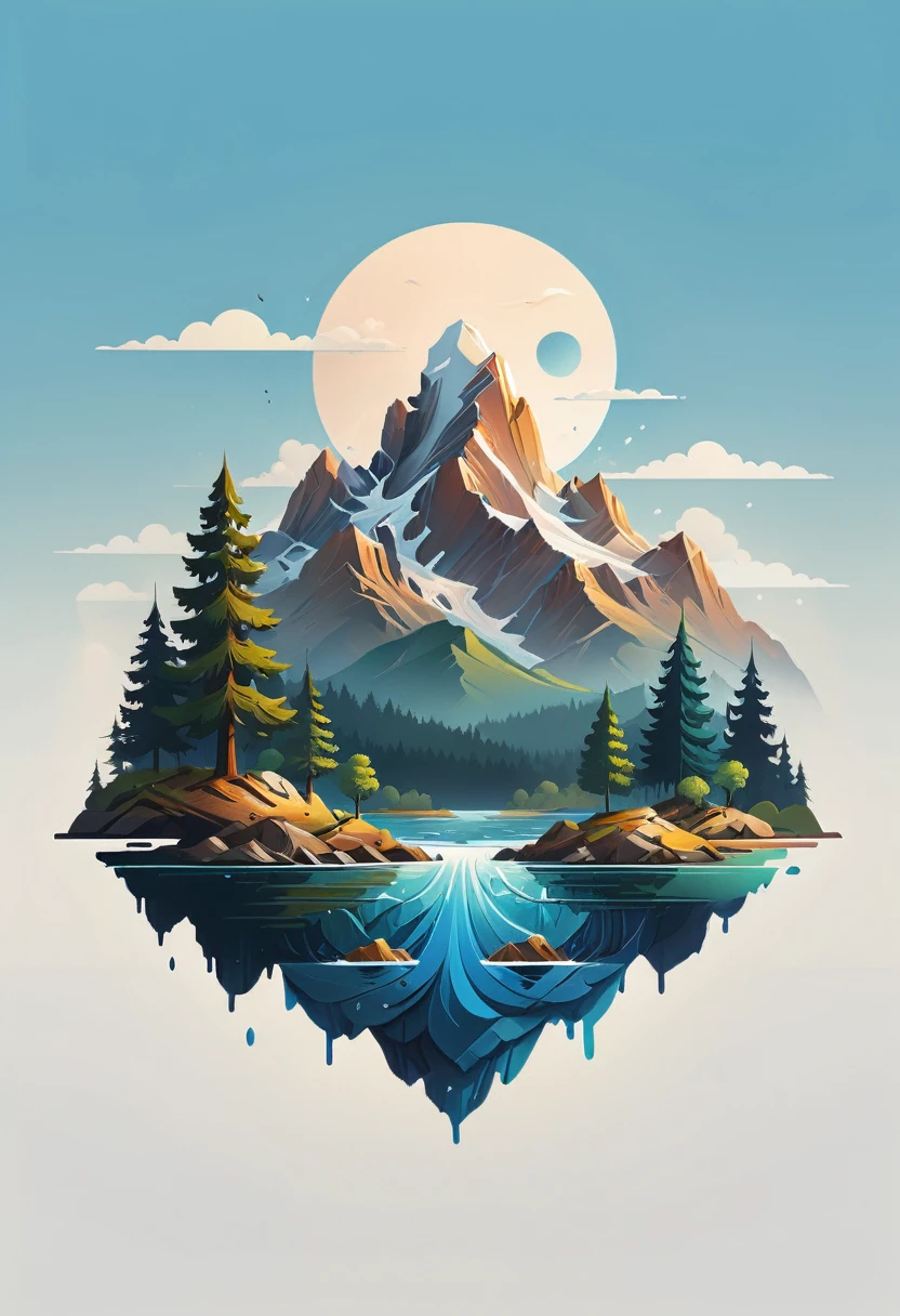 impressive painting of a mountain with trees and water, a detailed painting by Petros Afshar, shutterstock contest winner, environmental art, detailed painting, outlined art, 2d game art, isolated background for logo, strong contours, logo design