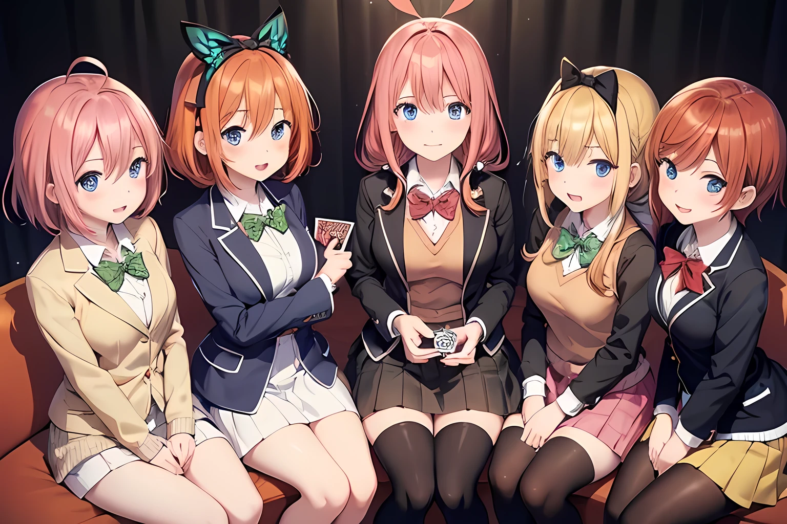 (((Playing a card game:1.2, Old Maid))), five girls are characters of the Quintessential Quintuplets, 
ADDBASE,
five girls, 
(Nakano Ichika:1.2, Pink Hair, Short Hair, cardigan Around waist, Blazer), 
ADDCOL,
five girls, 
(Nakano itsuki:1.2, Red Hair, Long Hair, Star Hair Ornament, Ahoge, Red Sweater, White socks, blazer), 
ADDCOL,
five girls, 
(Nakano Nino:1.2, pink hair, butterfly hair ornament,thighhighs, Black cardigan), 
ADDCOL,
five girls, 
(Nakano Yotsuba:1.2, Orange Hair, green hair bow, green bowtie, Yellow Sweater, blazer), 
ADDCOL,
five girls, 
(Nakano Miku:1.2, Brown Hair, Hair between eyes, Blue cardigan, Headphones, Pantyhose, blazer), 