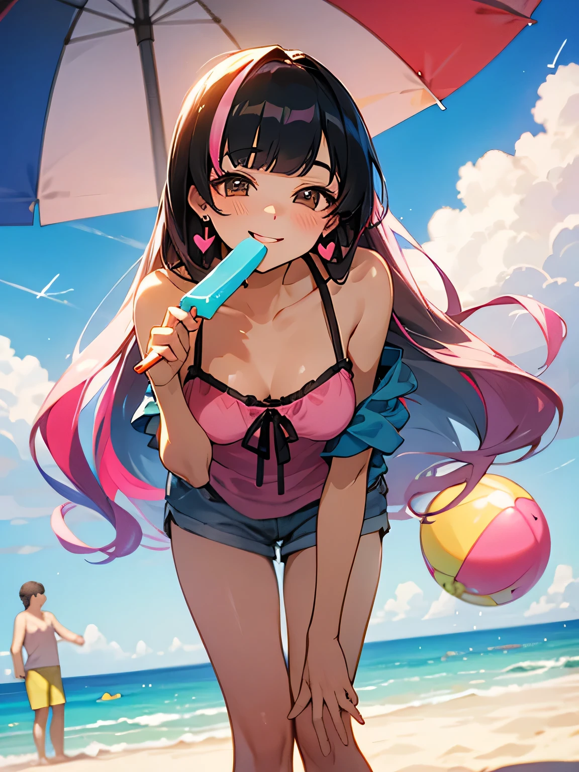 from front,solo, leaning forward, black streaked pink thin very long hair, (blunt bangs), (heart-shaped design earrings), offshoulder, pastel rainbow color camisole, popsicle, (beach ball shaped like a peach),summer sky, sun, dazzling, delicious smile, beach umbrella,