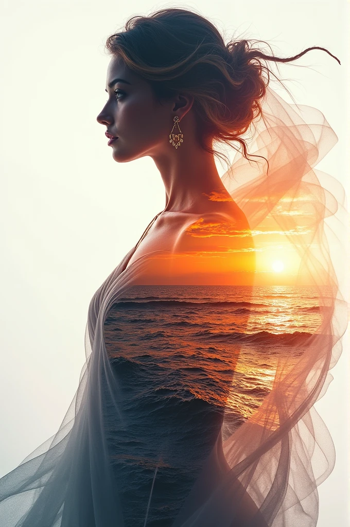 high quality、8K Ultra HD、女神のシルエットとサンセットコーストを組み合わせた美しいDouble Exposure、The Sunset Coast serves as a backdrop.、The details are captured by the Goddess、Crisp lines、The background is monochrome、Sharp focus、Double Exposure、By yukisakura、Amazing full color。