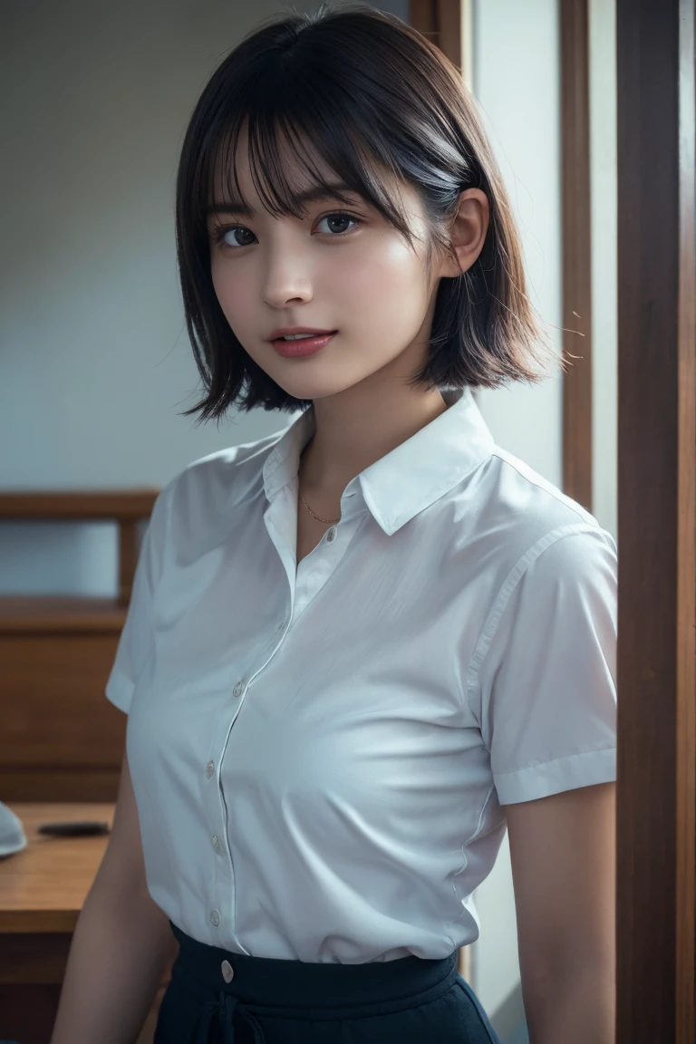 (8K, Raw photo, Highest quality, masterpiece:1.2), (Realistic, Photorealistic:1.3), Ultra-detailed, Ultra-high resolution, 1 girl, Seeing the viewer, Beautifully detailed face, Laughter, narrow, (Slim waist:1.3), shortcut, Beautifully detailed skin, Skin texture, Dark hair, Short hair, Bob, Professional Lighting, (white shirt), Human whole body