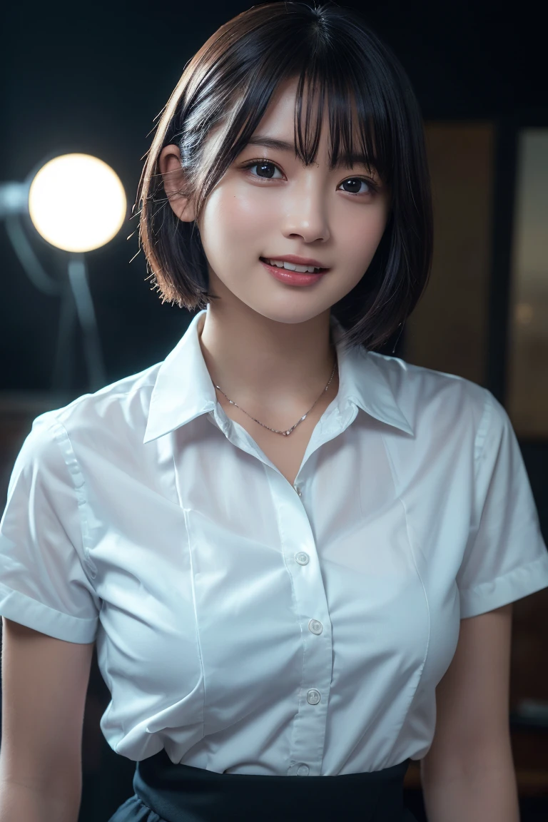 (8K, Raw photo, Highest quality, masterpiece:1.2), (Realistic, Photorealistic:1.3), Ultra-detailed, Ultra-high resolution, 1 girl, Seeing the viewer, Beautifully detailed face, Laughter, narrow, (Slim waist:1.3), shortcut, Beautifully detailed skin, Skin texture, Dark hair, Short hair, Bob, Professional Lighting, (white shirt), Human whole body