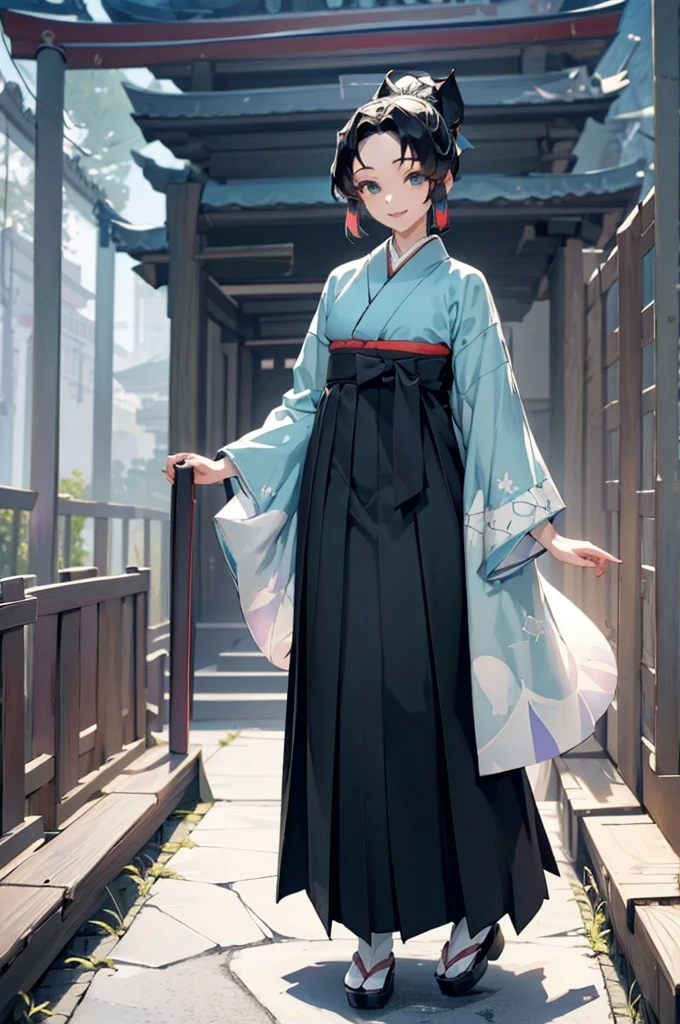 (((beautiful))), (((Light blue kimono, Black Hakama, noon, shrine, tall, full body))), ((Black Hair, parted bangs, forehead, ponytail, hair ornaments, slim)), One Woman, Thin legs, Glowing Skin, (((Intricate details))), High resolution, ((Intricate details, Ultra-detailed)), from front, wide shot, (looking at viewer, look at viewer), Red cheeks, smile, Walking down the street