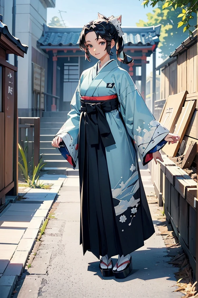 (((beautiful))), (((Light blue kimono, Black Hakama, noon, shrine, tall, full body))), ((Black Hair, parted bangs, forehead, ponytail, hair ornaments, slim)), One Woman, Thin legs, Glowing Skin, (((Intricate details))), High resolution, ((Intricate details, Ultra-detailed)), from front, wide shot, (looking at viewer, look at viewer), Red cheeks, smile, Walking down the street