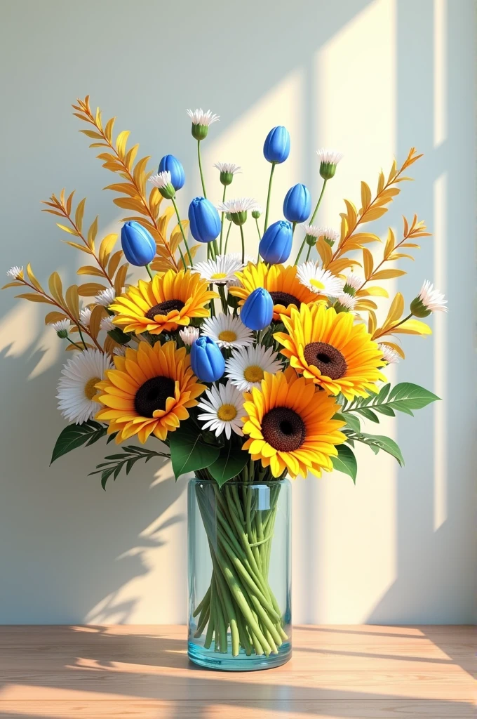 Sunflower, blue tulips and daisies in a vase
