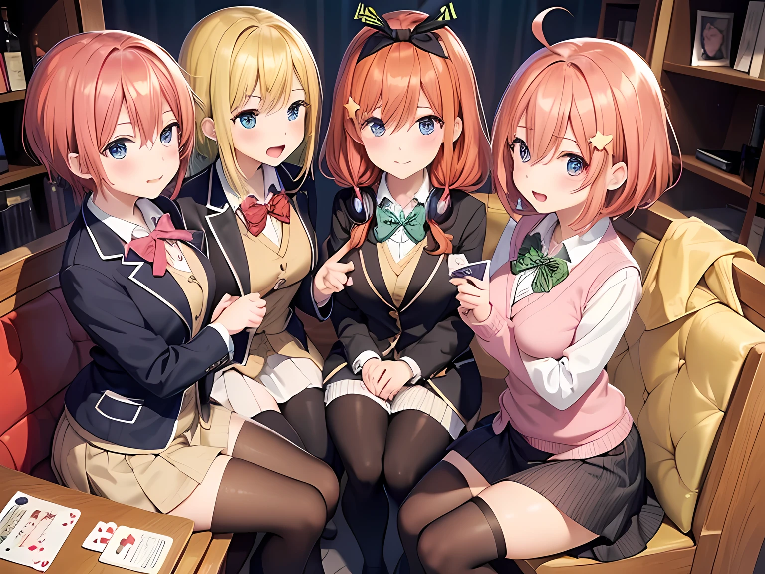 (((Playing a card game:1.2, Old Maid))), five girls are characters of the Quintessential Quintuplets,
ADDBASE,
five girls,
(Nakano Ichika:1.2, Pink Hair, Short Hair, cardigan Around waist, Blazer),
ADDCOL,
five girls,
(Nakano itsuki:1.2, Red Hair, Long Hair, Star Hair Ornament, Ahoge, Red Sweater, White socks, blazer),
ADDCOL,
five girls,
(Nakano Nino:1.2, pink hair, butterfly hair ornament,thighhighs, Black cardigan),
ADDCOL,
five girls,
(Nakano Yotsuba:1.2, Orange Hair, green hair bow, green bowtie, Yellow Sweater, blazer),
ADDCOL,
five girls,
(Nakano Miku:1.2, Brown Hair, Hair between eyes, Blue cardigan, Headphones, Pantyhose, blazer),
