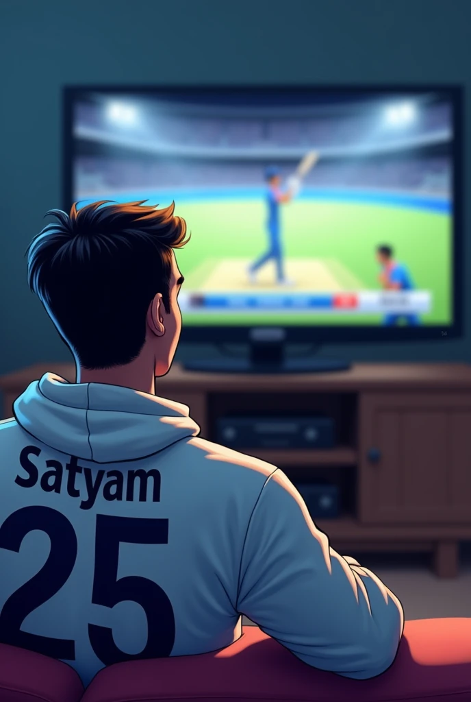 A young men watching India cricket  match in television Ms dhoni , wearing white Colour hodie with name satyam and jearsy no 25 with side face 