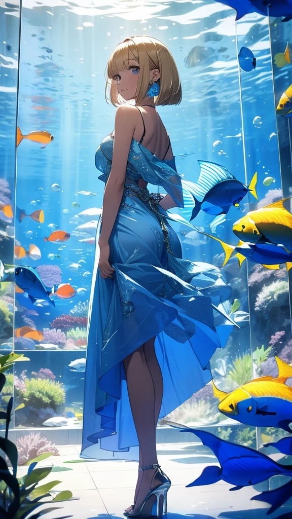 A tall woman with a bob haircut and blonde hair, wearing fish-shaped earrings, standing inside an aquarium. The background features large tanks with various colorful fish and marine life swimming gracefully. The lighting is soft and bluish, creating a serene and enchanting atmosphere., Cine, vibrant colors, vivid colors, detailed backgrounds, detailed landscape, cinematic lighting, perspective and depth, shades, reflections