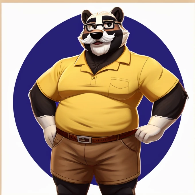 1 male, middle aged, Badger, black fur, dad bode, thick mustache, glasses, white pollo and brown shorts, smile,