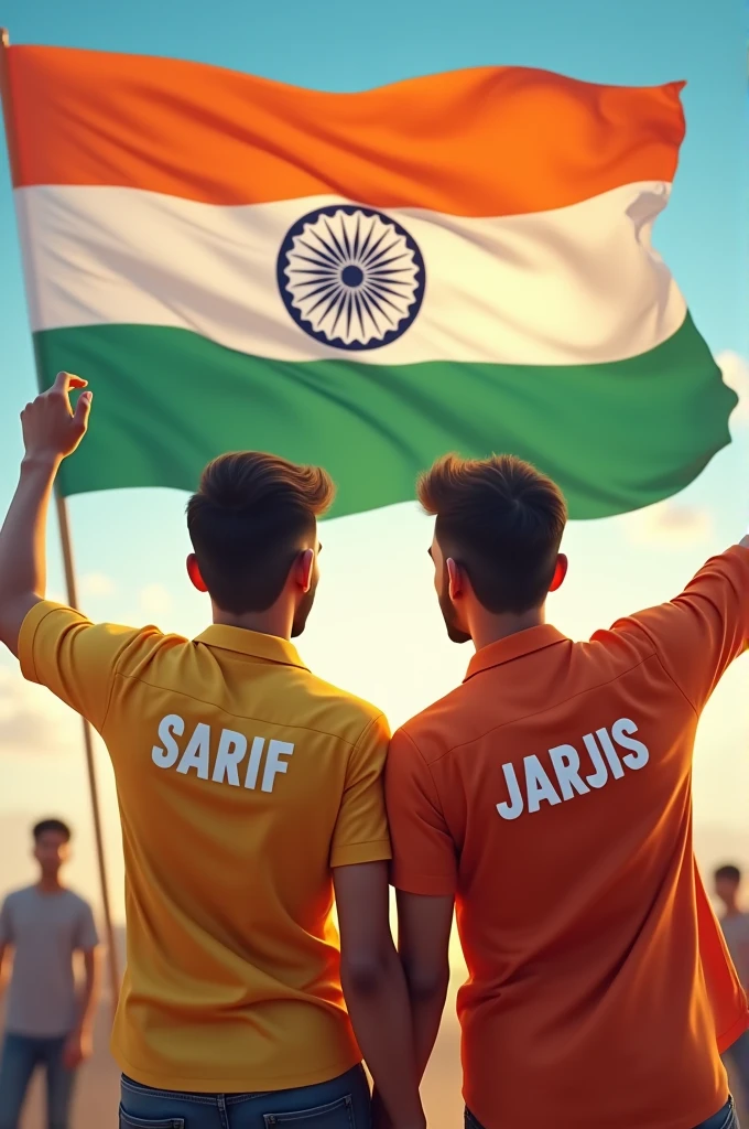 "Background indian flag "
Two Ai 20-year-old boys friends enjoy celebrates Indian Independence day ! There indian traditional shart with the name "SARIF " "JARJIS " written on 15 august 2024
her attire. Above her, in the sky, the words "Happy Independence Day" are displayed in a bold font. The back !