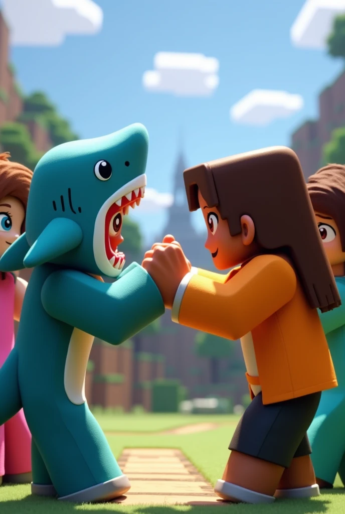 Four Minecraft characters, one in a shark costume, with chocolate skin, another one with a pink dress, another with an orange jacket, and black pants, and the other with a water green dress, with Minecraft background, realisitic, all of them happy, hitting each other&#39;s hands