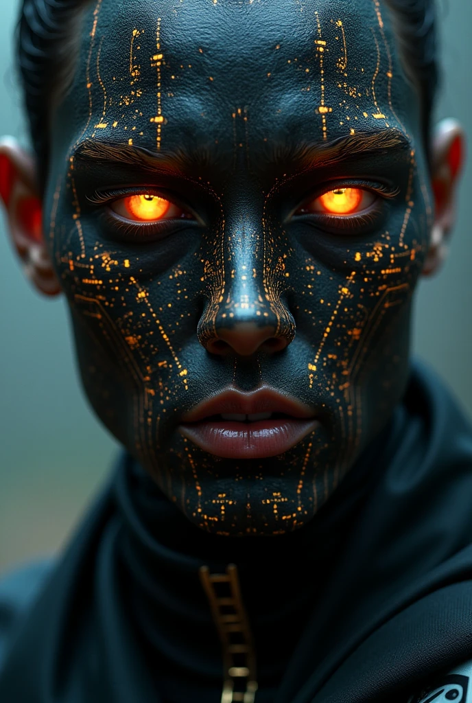 (By Larry Carlson:100) Super face Closeup Portrait,(cyberpunk face augmentation:1.45), (black color circuit board glowing tattoos:1.5 on face), epic skin detailes, Sci-fi Darkness , a quiet Fighter, feudal Ninja,, robotic shinobi suit, (style Jeremy Geddes:1.35) , Satin texture, (Glitchy:1.5) (Foggy:1.35), (Harsh lighting:1.4)
