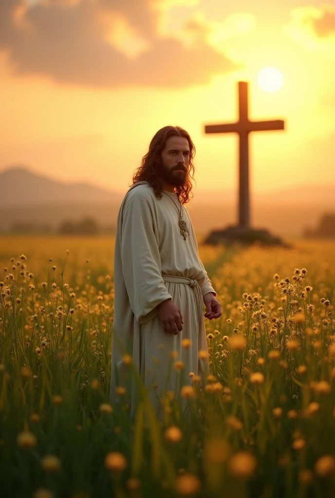 Create a beautiful and inspiring image of Jesus Christ standing in a vast, lush field of green grass and wildflowers. In the background, there should be a large wooden cross, symbolizing His sacrifice. The sun should be setting or rising, casting a warm, golden glow across the scene, creating a serene and peaceful atmosphere. Jesus should be depicted with a gentle and compassionate expression, wearing traditional robes. A soft halo of light should surround His head, emphasizing His divinity. The overall color palette should include warm tones of gold, orange, and soft greens, evoking a sense of hope, peace, and spiritual comfort. This image should be suitable for a continuous loop in a video, providing a calming and uplifting visual experience