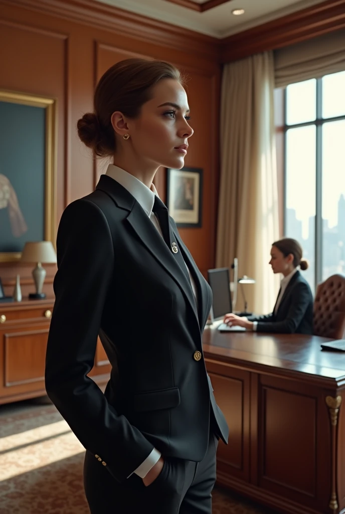 i want you to create a luxury office for a ceo with a desk for the Assistant where she is typing on a computer looks a little like emma watson and the ceo is on the desk tall and a masc woman wearing a suit and tie slightly loose