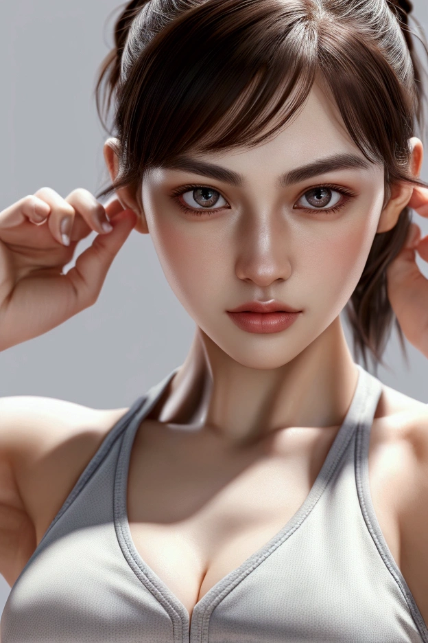 Highly detailed CG Unity 8k wallpaper, top quality, super detailed, masterpiece, realistic, photo realistic, very detailed cute girl, 25 years old, Muscle, round eyes, viewer, blush, parted lips, half body shot , sportswear , gym, topless
