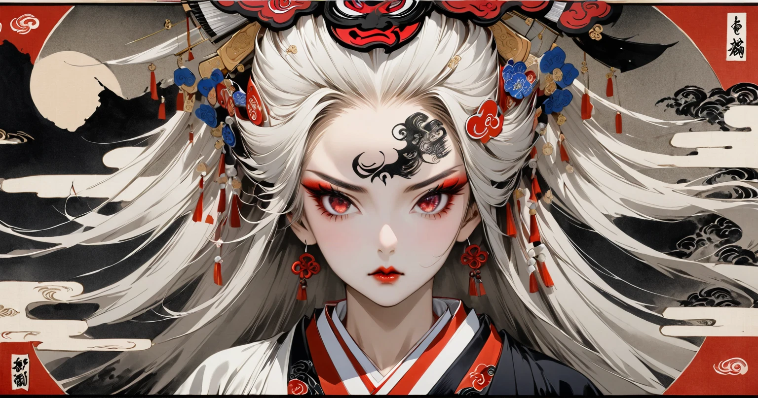 Ink painting, (((1 girl))), (((Tattoo in the middle of the forehead))),(((In the background is the Akatsuki moon))), (((Oiran))), (((Great hair accessories))), Japanese style headphones, Demon possession, (((Red eyes with an inscription inside them))),Face up close, Japanese beauty, White hair, Sensitive and precise, Modern Ukiyo-e style