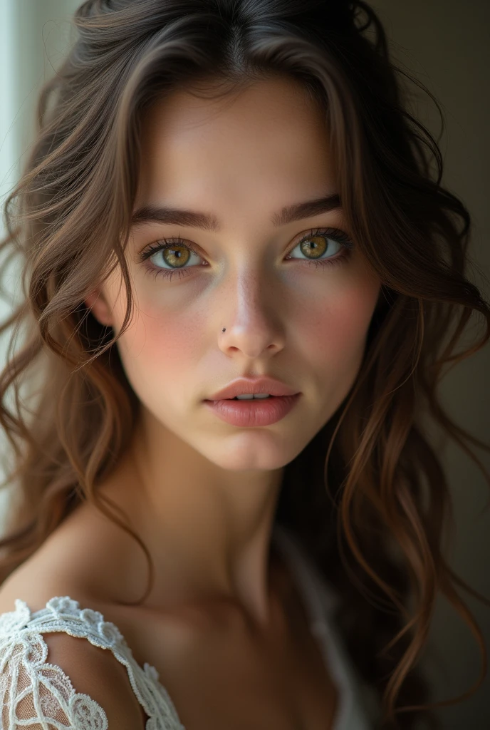 Girl with light brown eyes and long wavy brown hair
