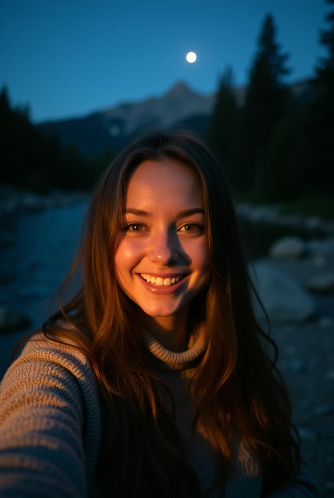 Veronica Cypher ((Upper body selfie, Happy)), masterpiece, Highest quality, Super detailed, alone, Outdoor, (night), Mountain, nature, (star, moon) Hilarious, Happy, Gloves, sweater, Have, flashlight, forest, rock, river, wood, cigarette, Shadow, Contrast, sunny, Analog Style (View the viewer:1.2) (Skin Texture) (Film Grain: 1.3), (Warm colors, Warm tones): 1.2), close, Cinematic Light, Side light, Ultra-high resolution, Best Shadow, born, Wearing a pullover, Kodak Vision 3,