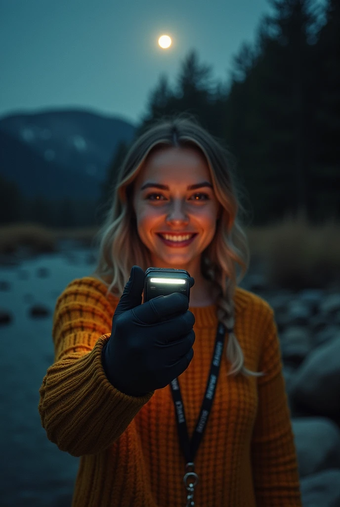Veronica Cypher ((Upper body selfie, Happy)), masterpiece, Highest quality, Super detailed, alone, Outdoor, (night), Mountain, nature, (star, moon) Hilarious, Happy, Gloves, sweater, Have, flashlight, forest, rock, river, wood, cigarette, Shadow, Contrast, sunny, Analog Style (View the viewer:1.2) (Skin Texture) (Film Grain: 1.3), (Warm colors, Warm tones): 1.2), close, Cinematic Light, Side light, Ultra-high resolution, Best Shadow, born, Wearing a pullover, Kodak Vision 3,