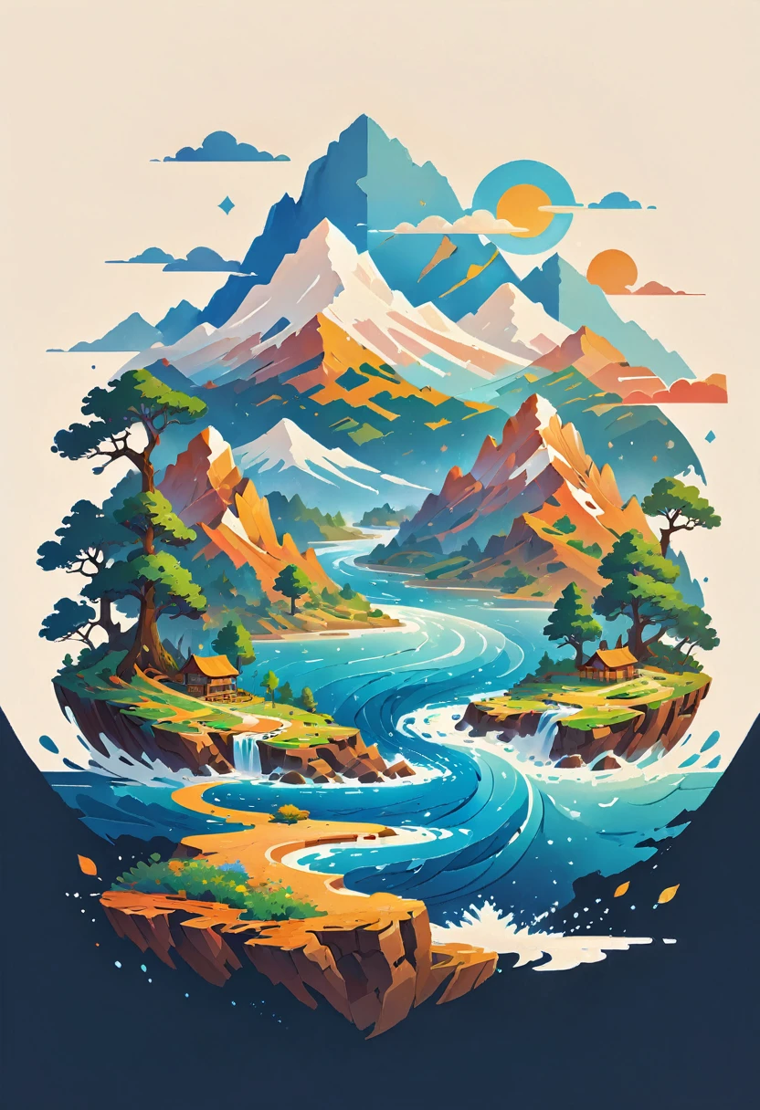 impressive painting of a mountain with trees and water, a detailed painting by Petros Afshar, shutterstock contest winner, environmental art, detailed painting, outlined art, 2d game art, isolated background for logo, strong contours, logo design
