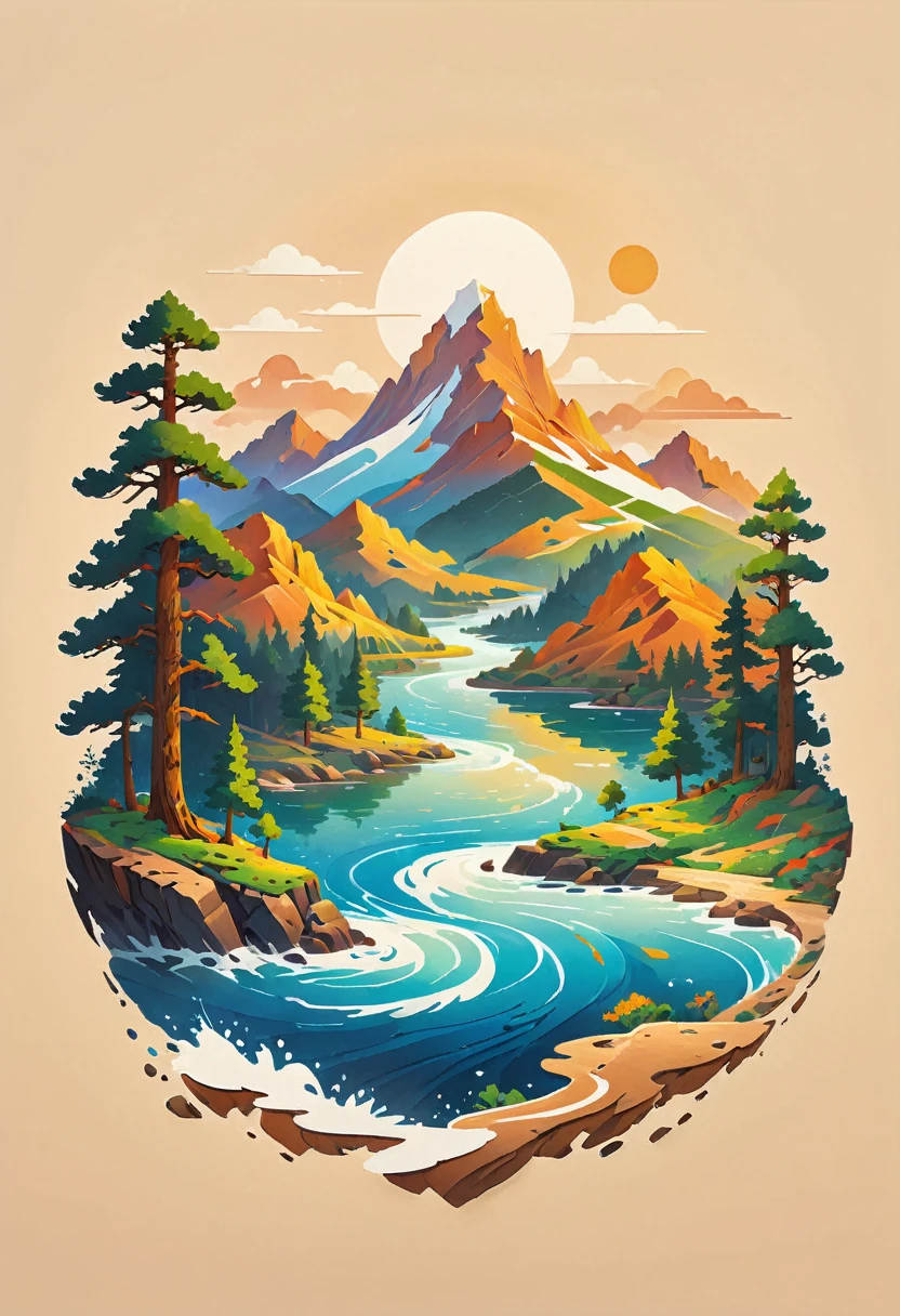 impressive painting of a mountain with trees and water, a detailed painting by Petros Afshar, shutterstock contest winner, environmental art, detailed painting, outlined art, 2d game art, isolated background for logo, strong contours, logo design
