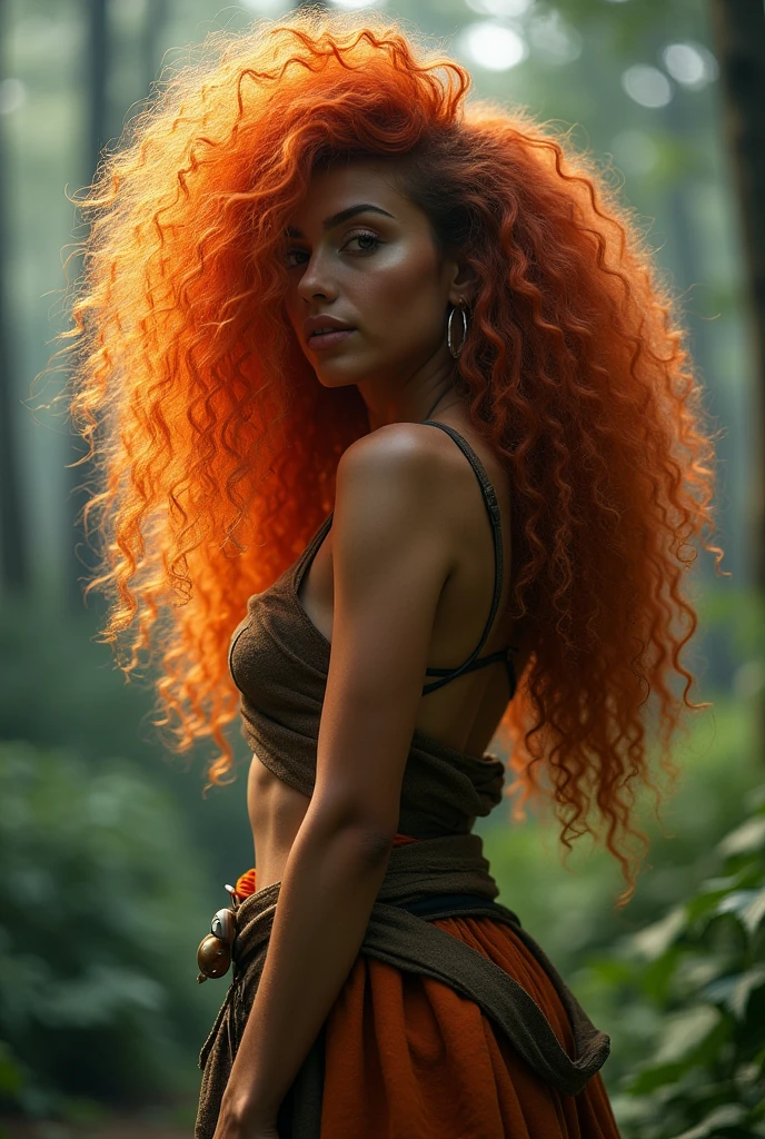 A captivating Saiyan warrior emerges from the misty veil of the Enigmatic Dream Forest's Moonlit Haven. Her curly frizzy hair, reminiscent of carrot hues, cascades down her back like a fiery halo. Framed at shoulder level, she stands poised, exuding sensuality as short lighting accentuates the curves of her face and shoulders.