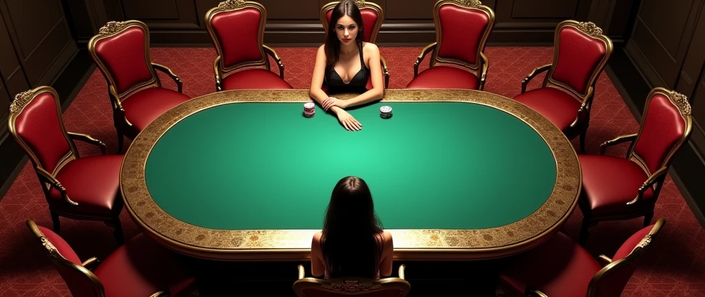 Poker table square type ,7 chairs ,main chair for casino girl,view from opposite of casino girl top view