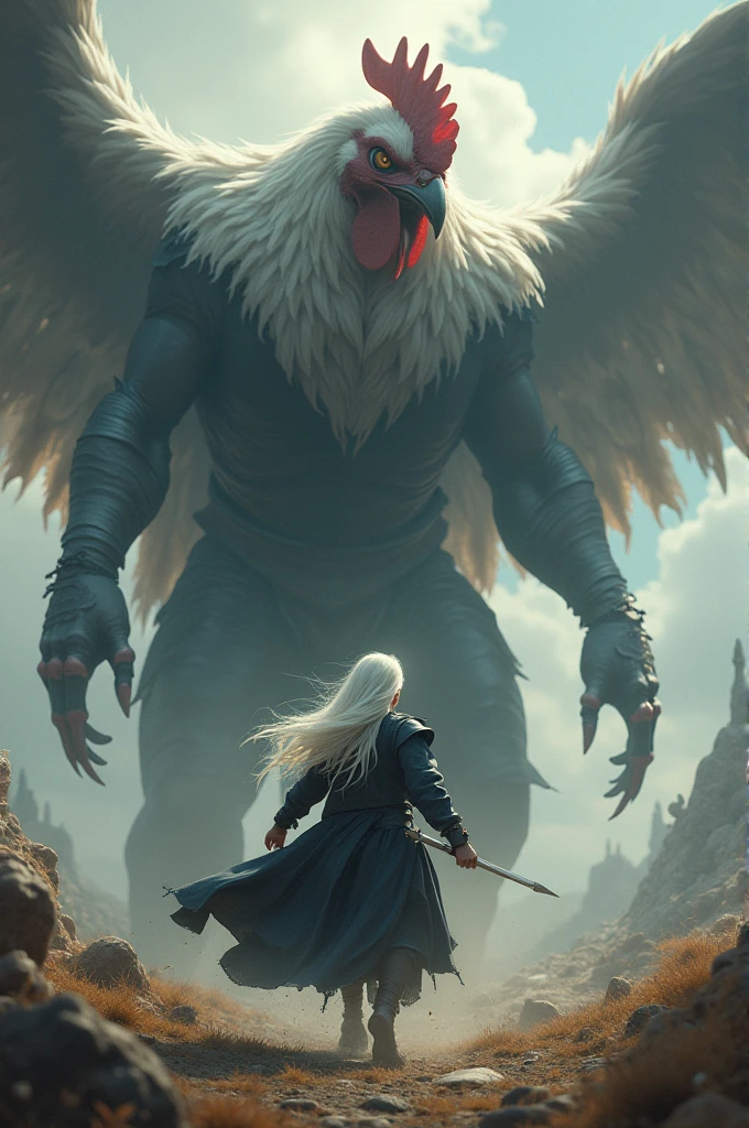 A young demon hunter in black clothes, with long white hair and a braid, is standing and fighting a giant chicken demon.