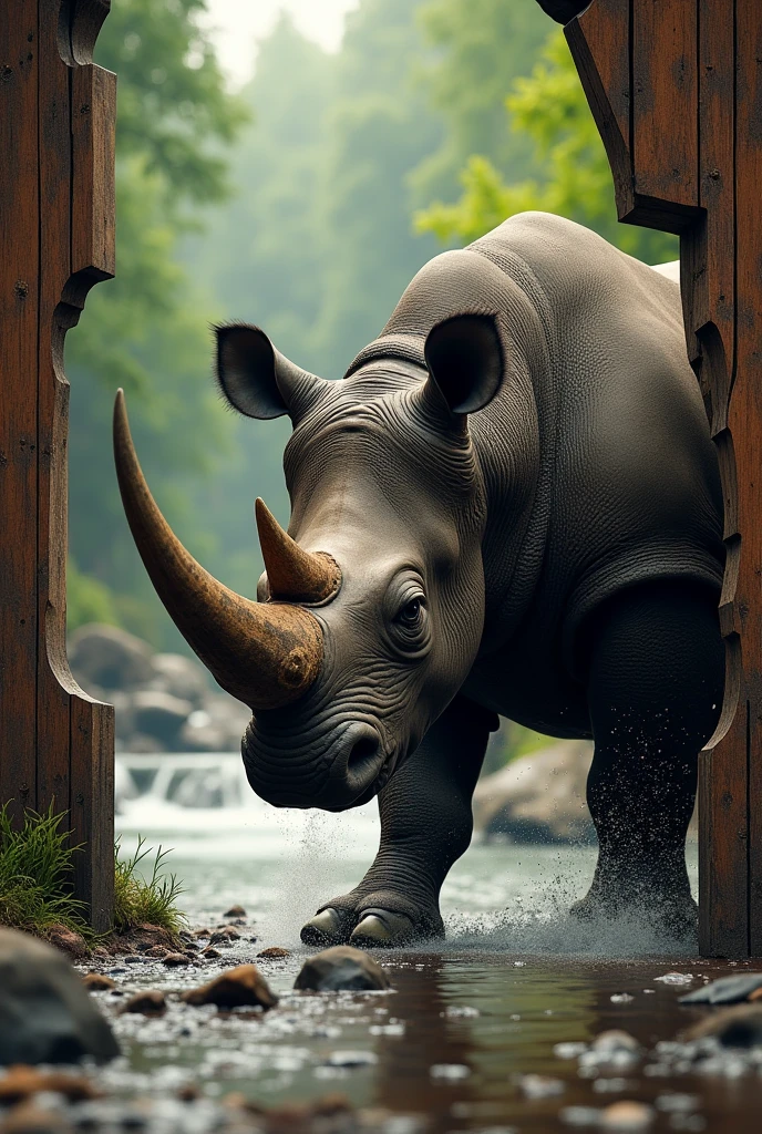 A realistic rhinoceros hitting to the huge wooden door and door cracked while hitting with horn  , location is beautiful water flowing in forest rhinoceros horn coming out from door