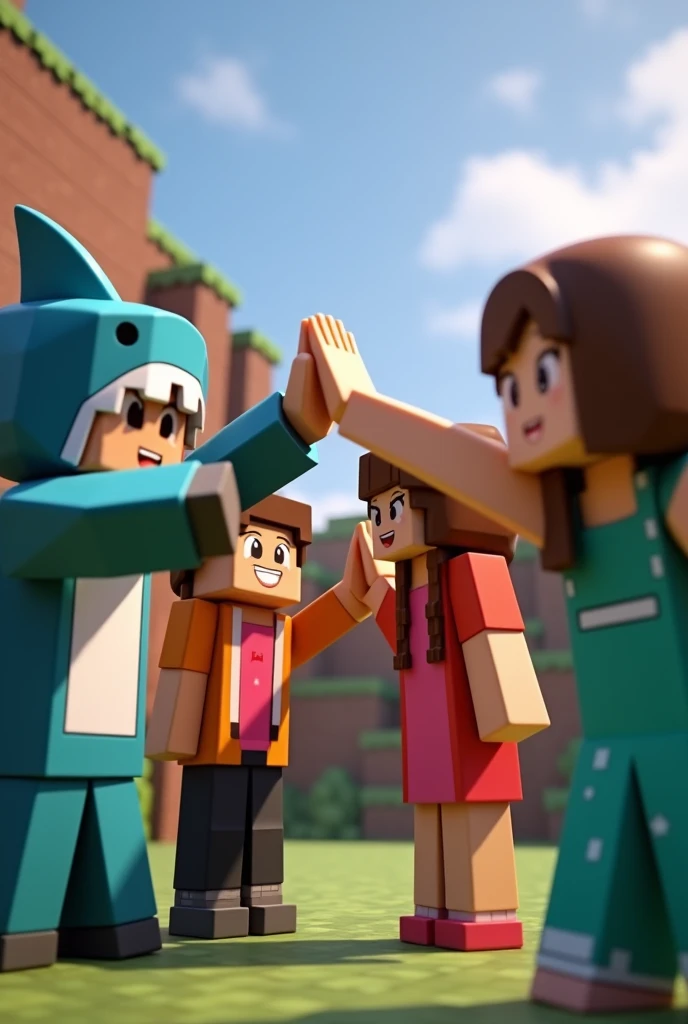 Four Minecraft characters, one in a shark costume, with chocolate skin, another one with a pink dress, another with an orange jacket, and black pants, and the other with a water green dress, with Minecraft background, realisitic, all of them happy, hitting each other&#39;s hands