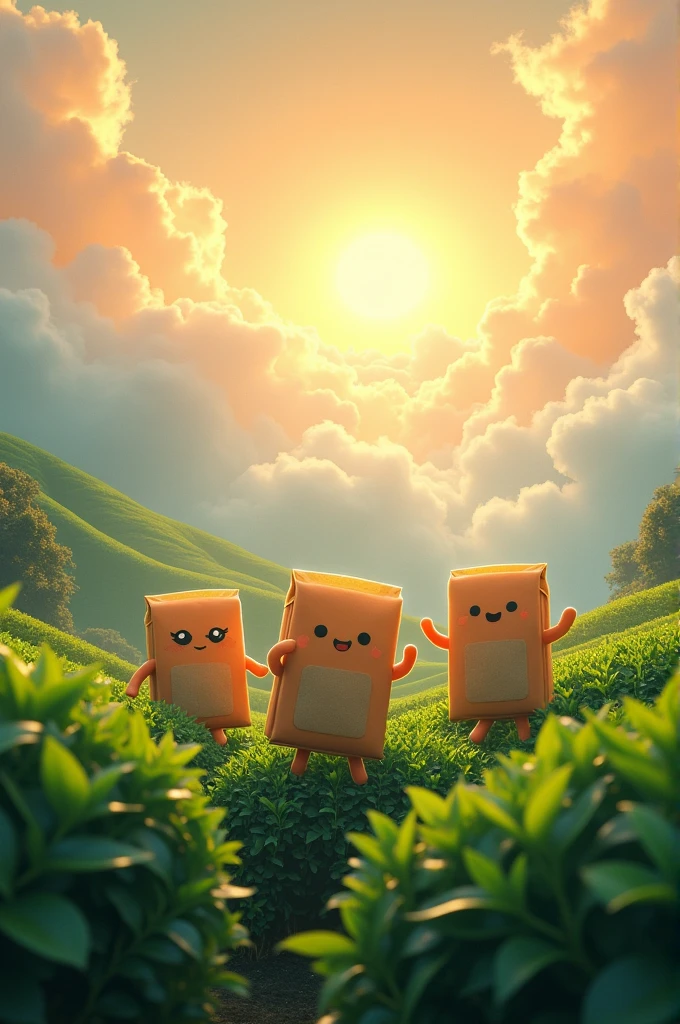 tea garden ,sunrise,sea of clouds,Tea bags are the protagonist,Tea bag is very happy