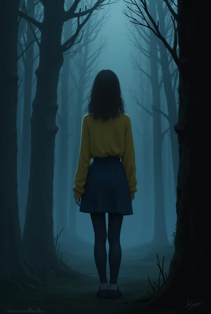 
Fille brune portant un pull jaune qui descend de ses epaules sur un habit bleu nuit un jean noir, de dos, debout dans une forêt très brumeuse la nuit ;a droite de l'image sombre
   ''Breeze'' écrit en haut de l'image (police:16)
''walfwalker'' écrit en bas de l'image (police:13)