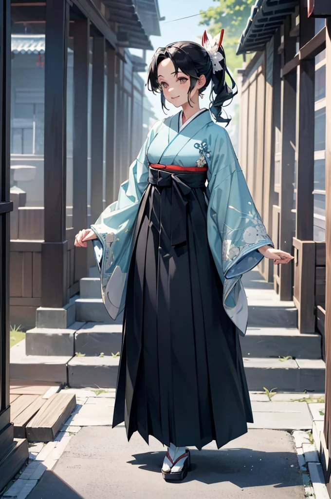 (((beautiful))), (((Light blue kimono, Black Hakama, noon, shrine, tall, full body))), ((Black Hair, parted bangs, forehead, Long Hair, ponytail, hair ornaments, slim)), One Woman, Thin legs, Glowing Skin, (((Intricate details))), High resolution, ((Intricate details, Ultra-detailed)), from front, wide shot, (looking at viewer, look at viewer), Red cheeks, smile, Walking down the street