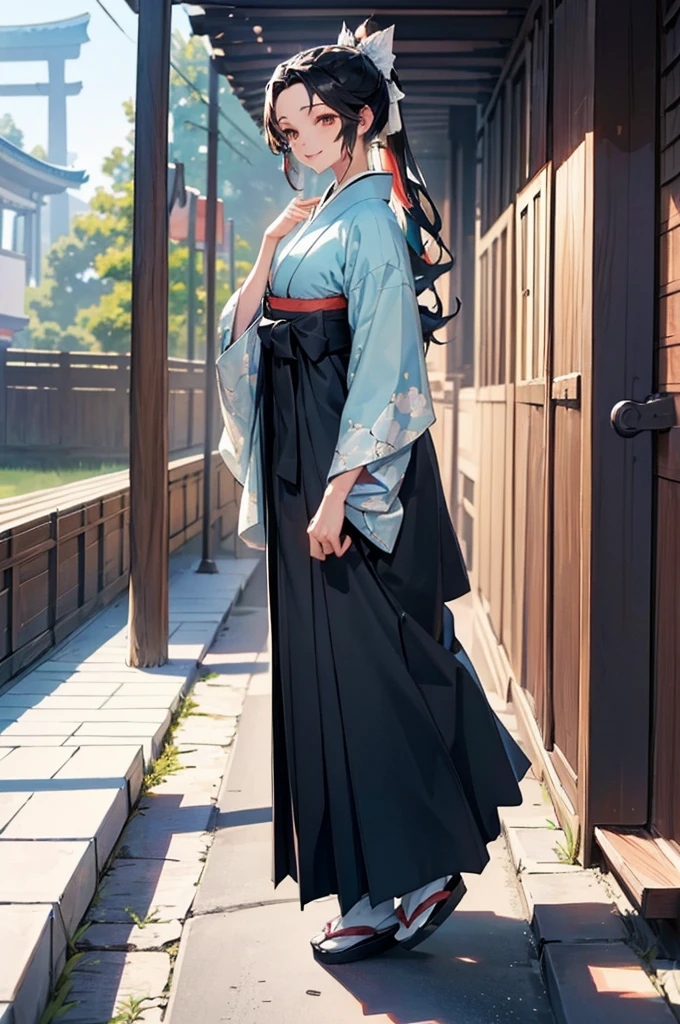 (((beautiful))), (((Light blue kimono, Black Hakama, noon, shrine, tall, full body))), ((Black Hair, parted bangs, forehead, Long Hair, ponytail, hair ornaments, slim)), One Woman, Thin legs, Glowing Skin, (((Intricate details))), High resolution, ((Intricate details, Ultra-detailed)), from front, wide shot, (looking at viewer, look at viewer), Red cheeks, smile, Walking down the street