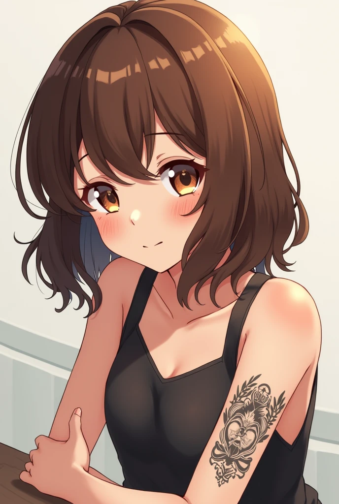 Anime style image with brown hair and eyes and tattoo on left arm