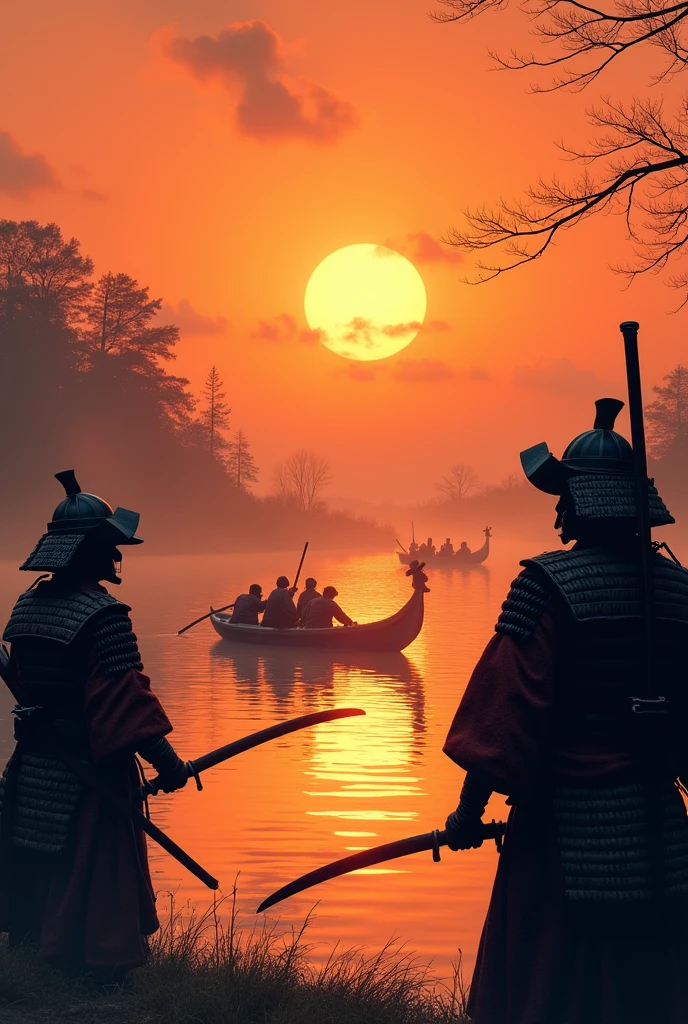 Japanese samurais holding bows in their hands, a river is seen infront of them, the time is sunset. Samurai on boats are sailing towards the samurai accross the river.