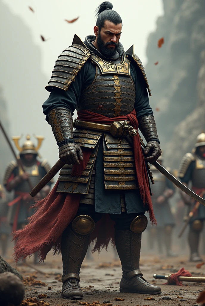Samurai with broken armor after a severe war with someone cutting his body, but still standing ready to continue the fight