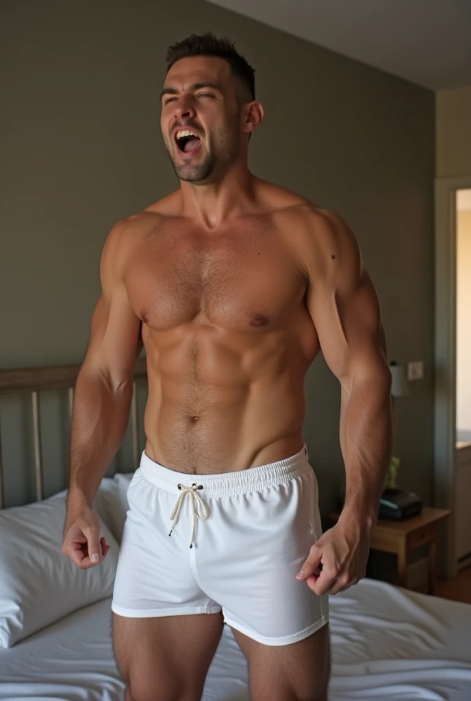 Create a real full body photo of a strong man. He is in the bedroom in white boxer shorts and is excited and the volume of his penis is quite large..