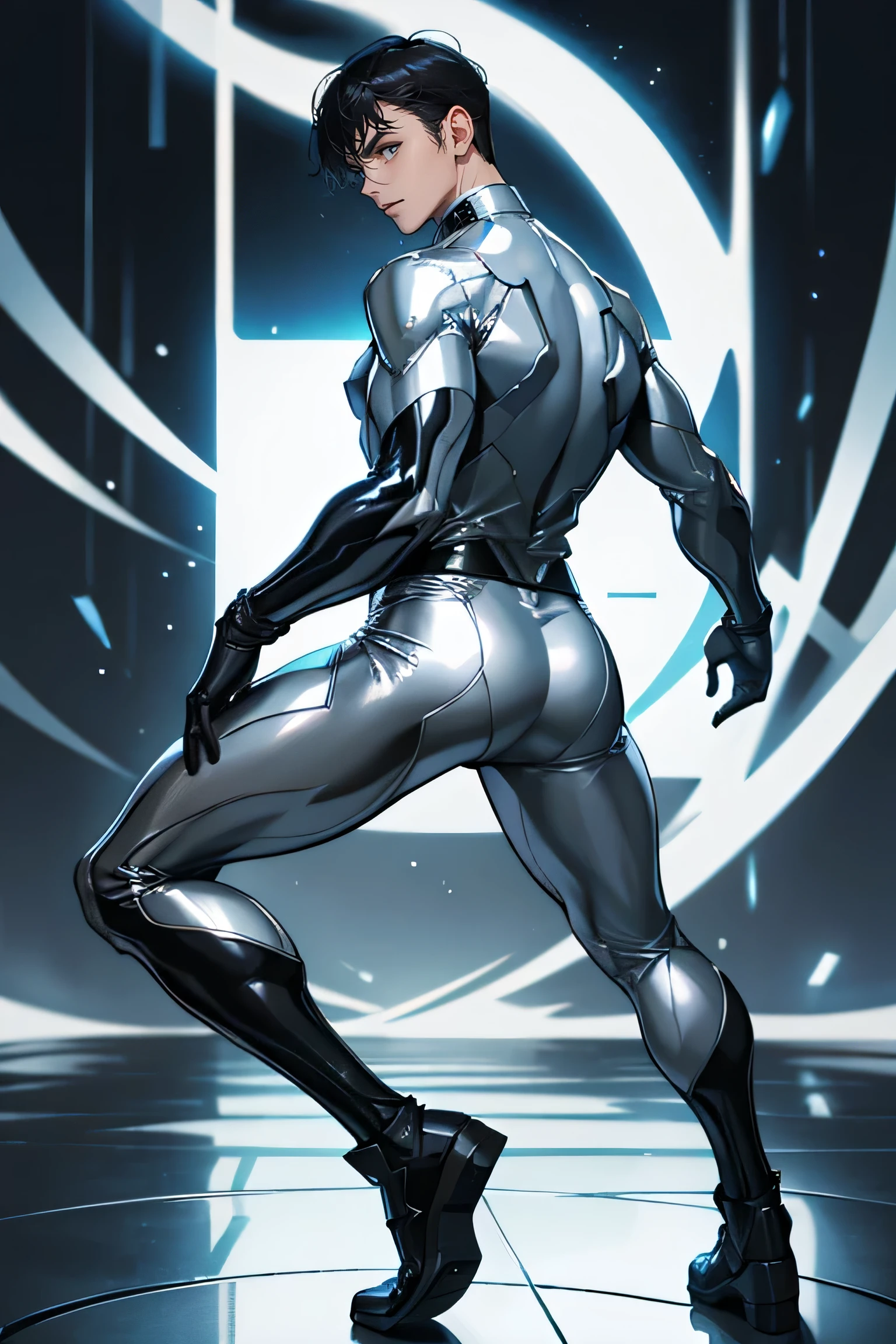 Handsome Japanese male models 22 years old smile Fierce Black Hair Short cut Short bangs looking at the camera Shiny full-body silver suit Shiny silver latex suit Mega Bulge looking at the camera future world Back viewでお尻を上げて股を広げる Peeking out from between her legs Crotch peek Forward bending Back view