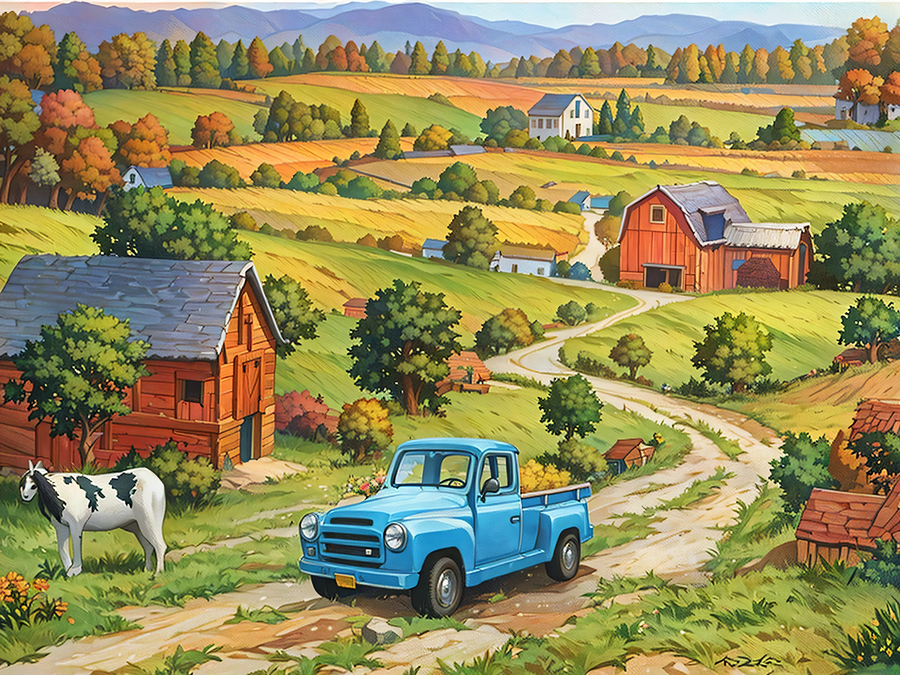 high quality comic of country road winding through fields and pastures and hills by artist john sloane