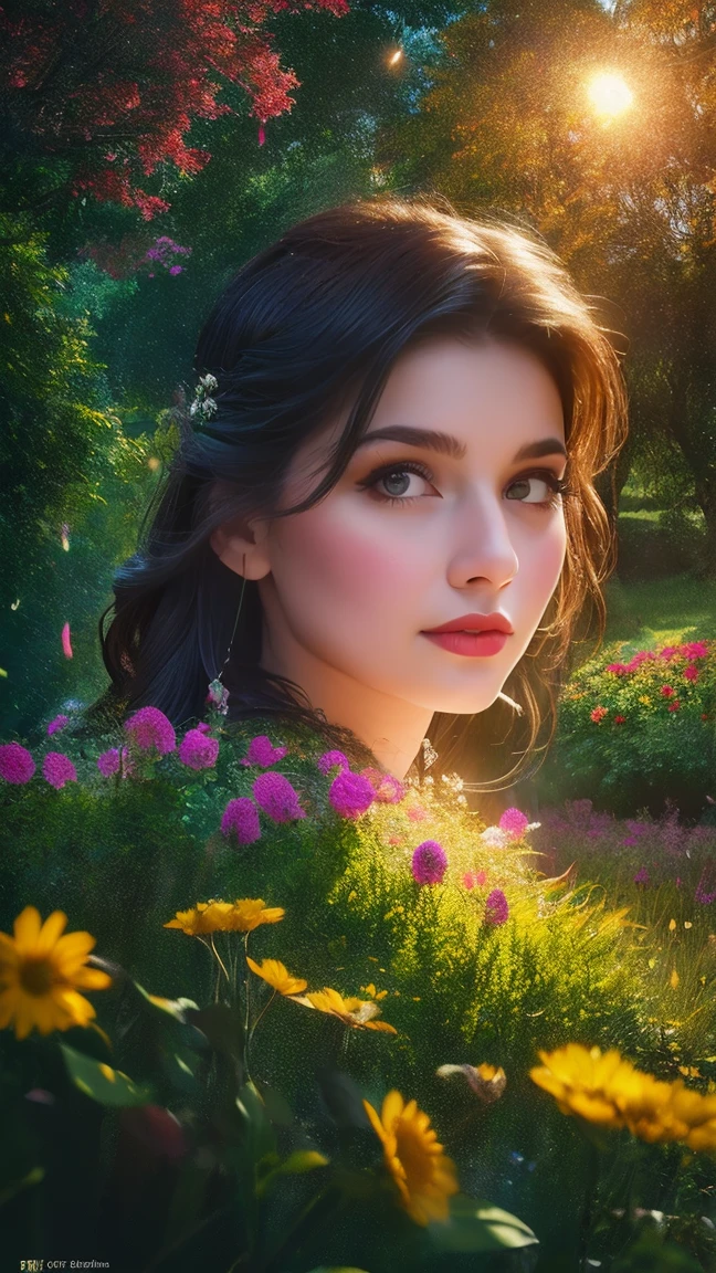 a beautiful girl in a lush garden, surrounded by colorful flowers, gazing up at a starry night sky, (best quality,4k,8k,highres,masterpiece:1.2),ultra-detailed,(realistic,photorealistic,photo-realistic:1.37),extremely detailed eyes and face,longeyelashes,detailed flower petals,detailed starry night sky,vibrant colors,cinematic lighting,intricate background details,fantasy,dreamlike