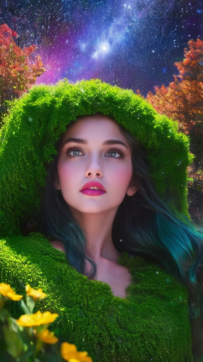 a beautiful girl in a lush garden, surrounded by colorful flowers, gazing up at a starry night sky, (best quality,4k,8k,highres,masterpiece:1.2),ultra-detailed,(realistic,photorealistic,photo-realistic:1.37),extremely detailed eyes and face,longeyelashes,detailed flower petals,detailed starry night sky,vibrant colors,cinematic lighting,intricate background details,fantasy,dreamlike