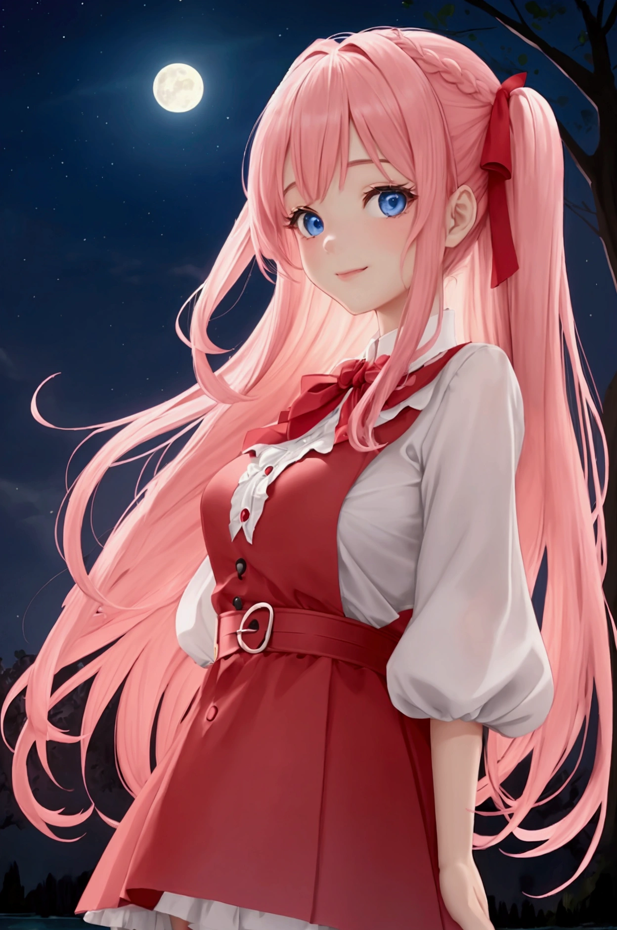 A woman with half-up hair in a reddish pink style。Blue eyes、have big eyes。Her outfit is a white blouse and a red vest.、short green skirt。Star-shaped hairpins around her temples。The face is smiling。Style『The Quintessential Quintuplets』With a realistic art style similar to、Use warm tones in your colors。In the background is a lake in the park illuminated by a full moon night。