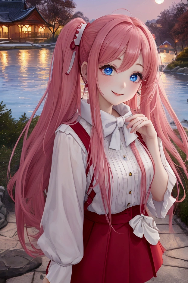 A woman with half-up hair in a reddish pink style。Blue eyes、have big eyes。Her outfit is a white blouse and a red vest.、short green skirt。Star-shaped hairpins around her temples。The face is smiling。Style『The Quintessential Quintuplets』With a realistic art style similar to、Use warm tones in your colors。In the background is a lake in the park illuminated by a full moon night。